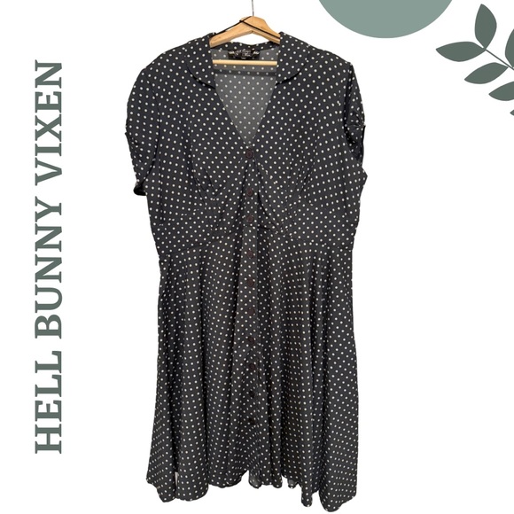 Hell Bunny Vixen Polka Dot Midi Dress Shirt Sleeve Dark Grey Black Size 18 (4x) - Picture 1 of 10